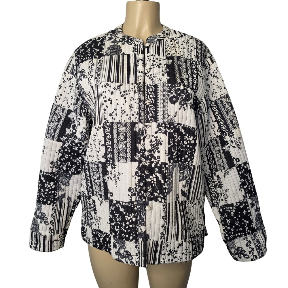 BFA Classics Quilted Jacket Womens Large Black White Reversible Floral Patchwork